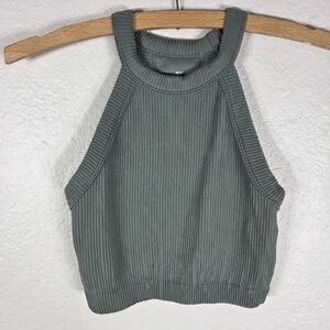Aerie Womens Sz SP Ribbed Knit High Neck Racer Back Cropped Tank Top Green